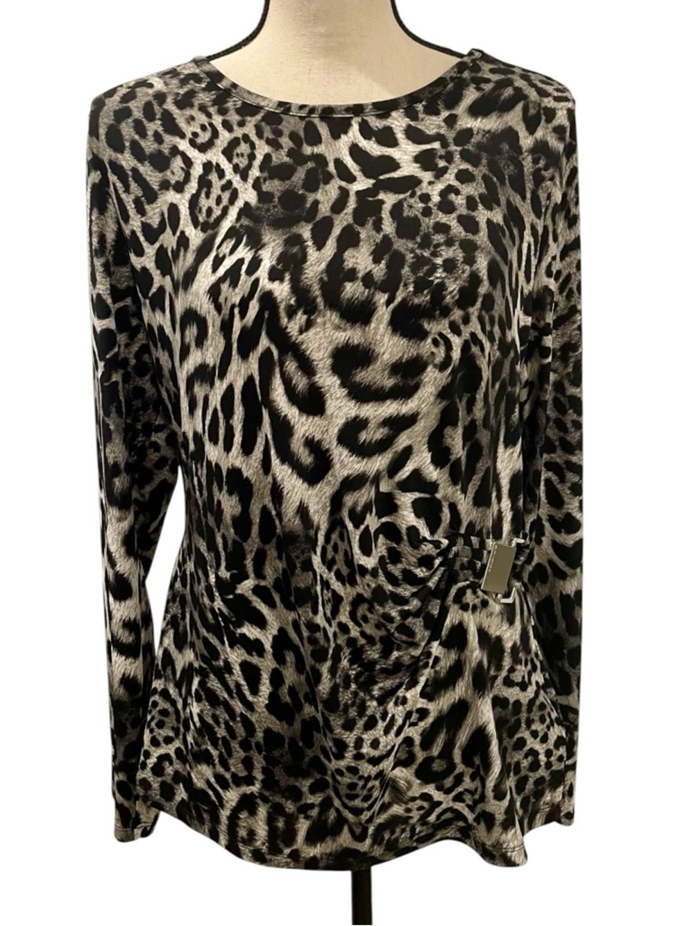 Michael Kors Black & White Leopard Print Top With Silver-Tone Buckle Detail